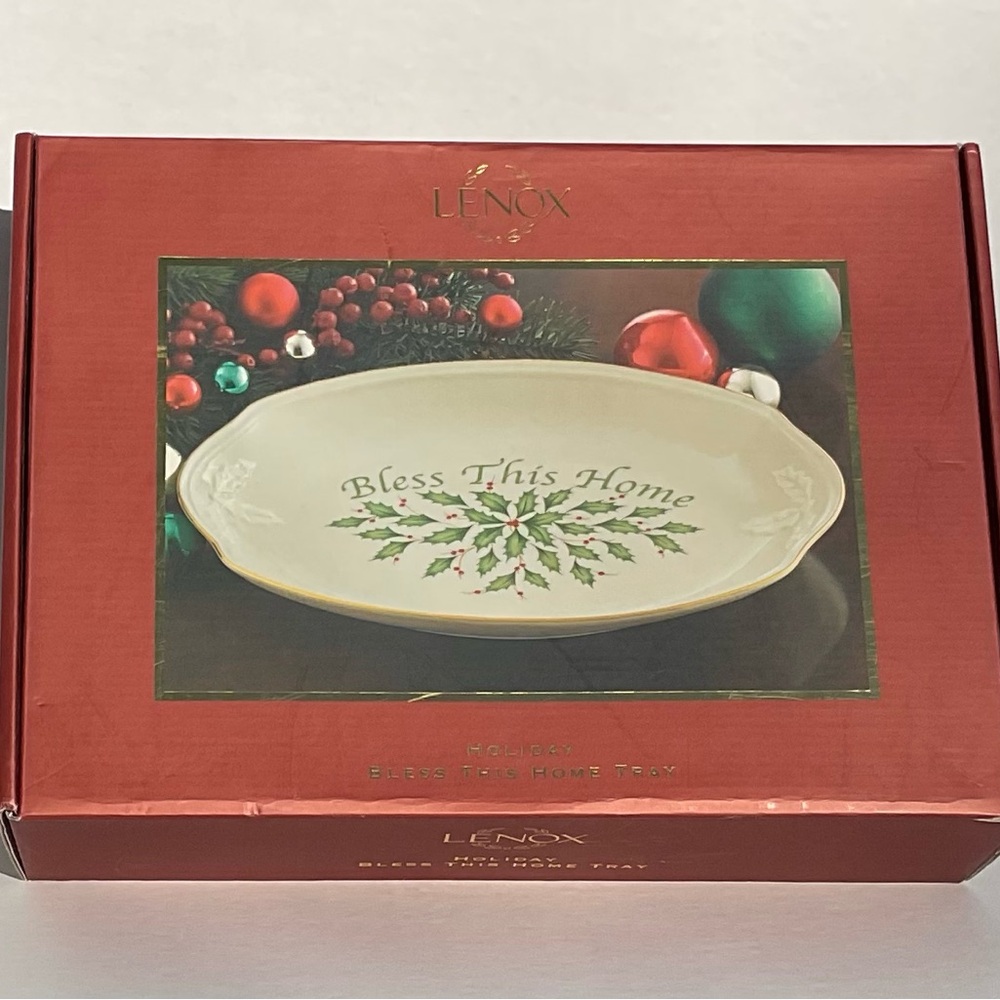 Lenox Holiday Bless This Home Tray Oval Serving Plate Platter Dish Gold Trim NIB
